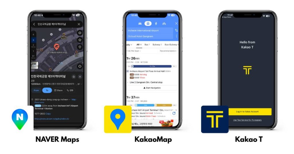 Aplicación Naver Maps, KakaoMap y Kakao T para Transporte en Seúl